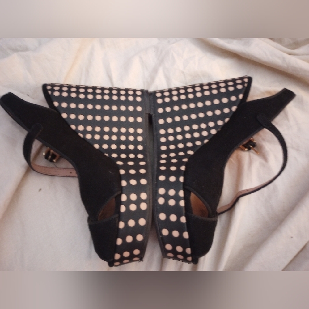 Tory Burch Ollie Black Tan suede Polka Dot wedge Strappy heels size 5.5
